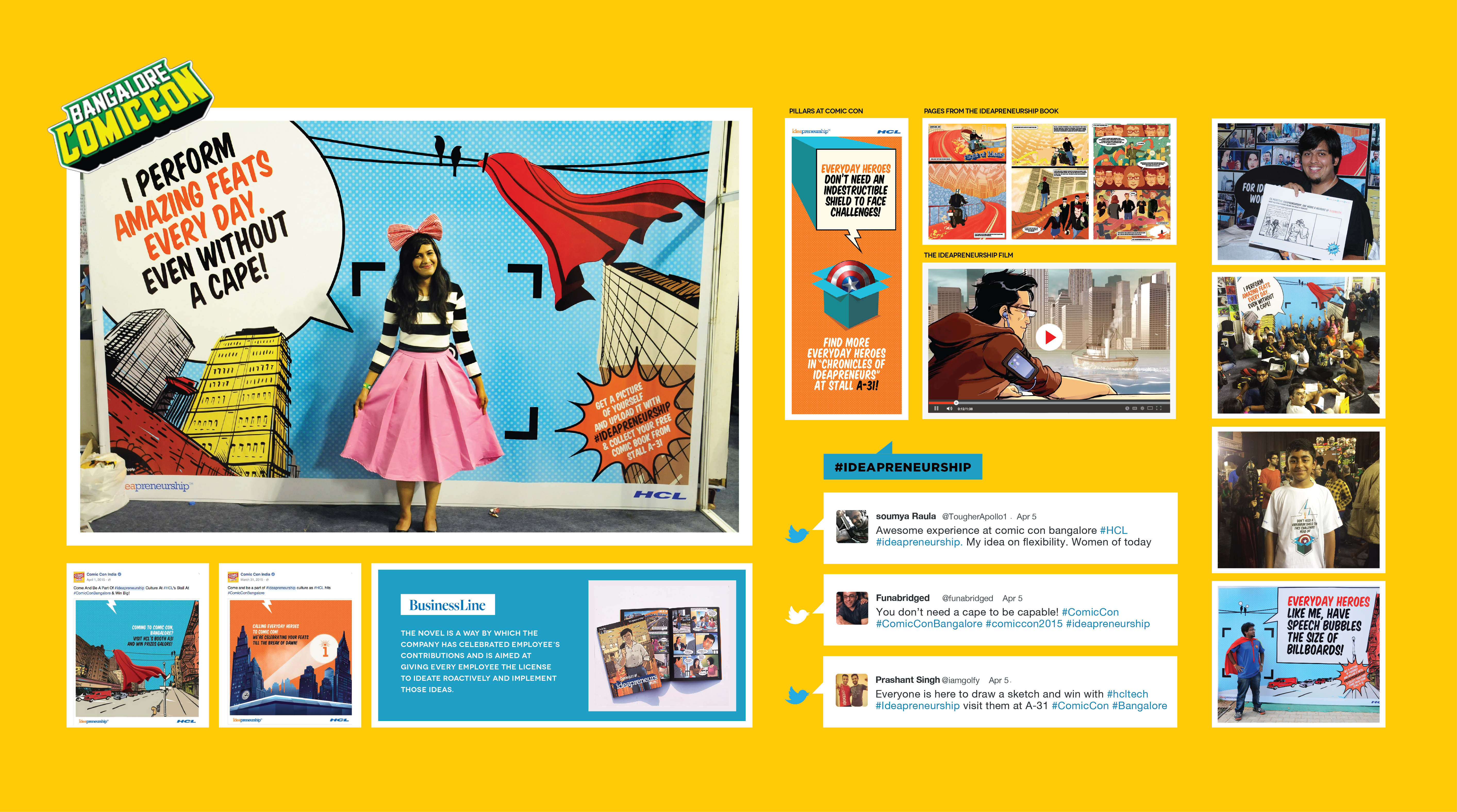 Campaign collage: an HCL employee posing at the 'I perform amazing feats every day, even without a cape!' photo booth at Bangalore Comic Con, alongside comic book pages, press coverage, tweets and visitor photos